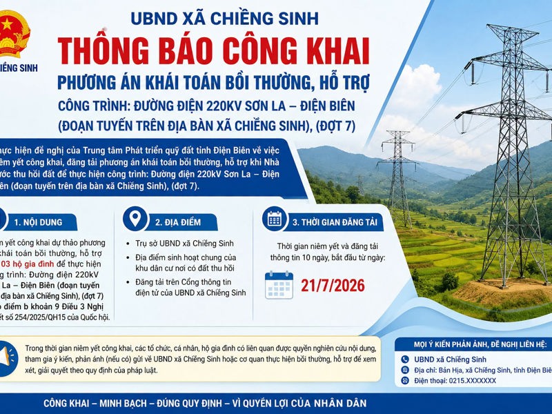 CHIỀNG SINH CÔNG KHAI PHƯƠNG ÁN KHÁI TOÁN BỒI THƯỜNG, HỖ TRỢ CÔNG TRÌNH ĐƯỜNG ĐIỆN 220KV SƠN LA – ĐIỆN BIÊN (ĐỢT 7)