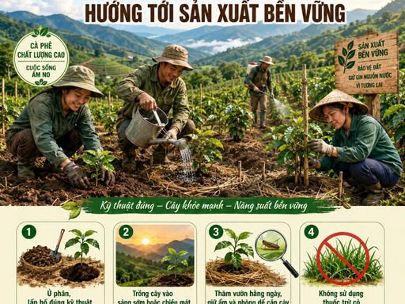 CHỦ ĐỘNG TRỒNG, CHĂM SÓC CÂY CÀ PHÊ, BẢO ĐẢM TỶ LỆ CÂY SỐNG CAO, HƯỚNG TỚI SẢN XUẤT BỀN VỮNG